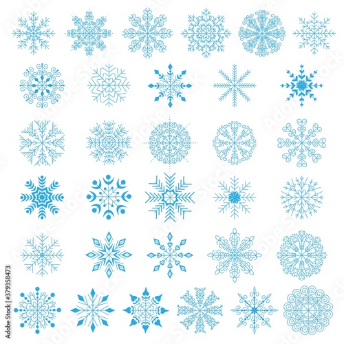 Set of blue snowflakes isolated on a white background. Winter decor elements for postcards, wrapping paper, banners and more. Stock vector illustration for decoration and design