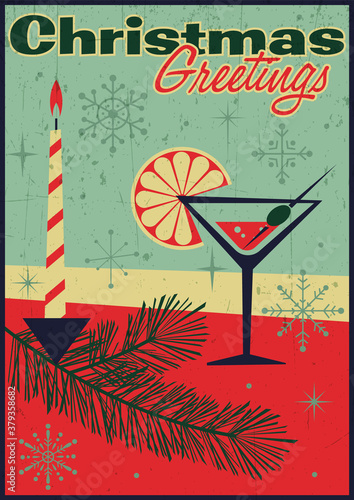 Christmas Greetings Card, Mid Century Modern Noel Postcards Style, Vintage Colors, Grunge Texture Pattern, XMAS Tree Branch, Candle, Vermouth Glass, Snowflakes