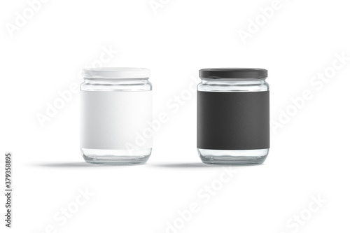 Blank glass jar with black and white label mock up photo