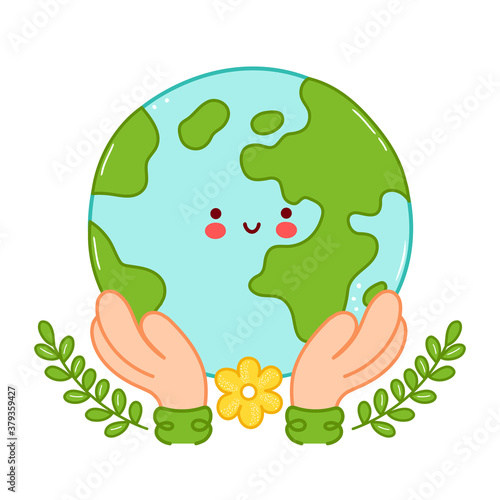Hands hold cute happy funny Earth planet character