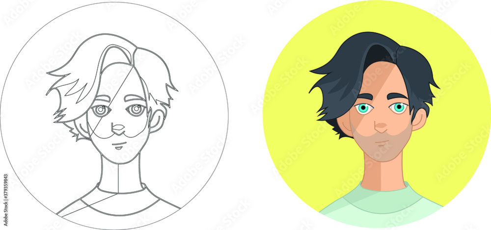 Cartoon brunette guy. Brown hair boy flat character close up template. Vector illustration in color and black and white for games, background, pattern, decor. Coloring paper, page, story book Cartoon brunette guy. Brown hair boy flat character close up template. Vector illustration in color and black and white for games, background, pattern, decor. Coloring paper, page, story book
