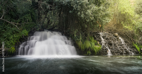 hermosa y bucolica cascada al atardecer entre matorrales y vegetacion verde  en la vera del rio Eresma en la provincia de SEgovia Castilla y Leon  Espa  a