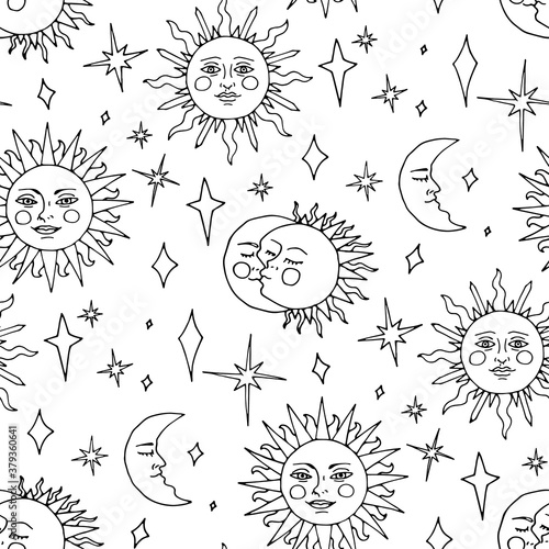 Monochrome seamless pattern with hand drawn sun, moon and stars on white background. Vector