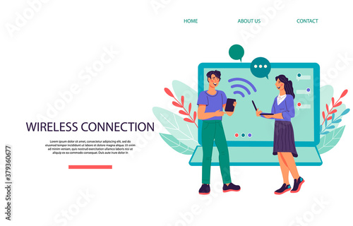 Remote connection wireless technology concept with people connecting together online and working on joint project  flat vector illustration. Website page mockup for remote working and freelancing.