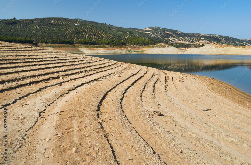 Iznajar swamp with drought due to lack of rain. Cordoba, Spain.