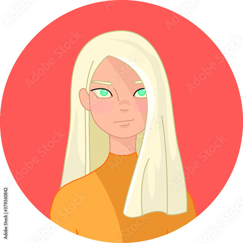 Cartoon blonde girl. Light hair young woman flat character close up template. Vector illustration on bright orange circle for games, background, pattern, decor.