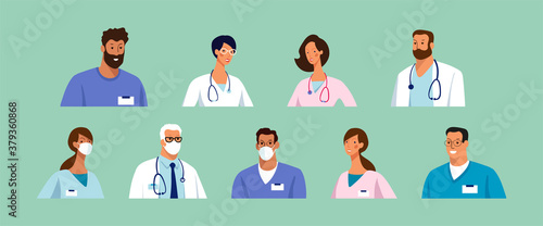 Set of male and female characters of doctors. Surgeons, doctors, nurses. Conceptual illustration, hospital medical team, poster. Vector template for design