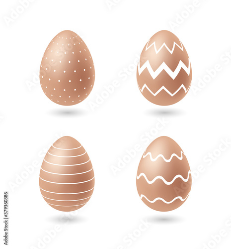 Easter realistic brown eggs set with beautiful traditional white ornament. Vector illustration