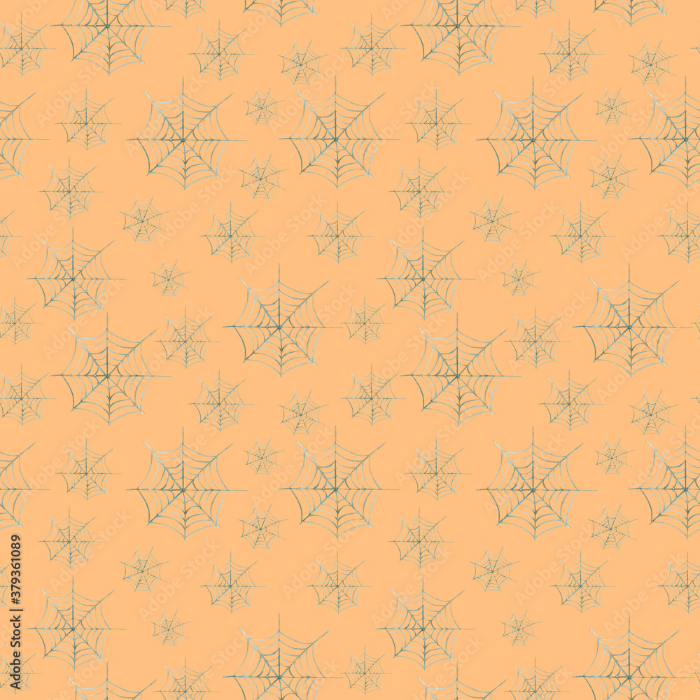 Seamless pattern Halloween spider web on an orange background Watercolor hand painted