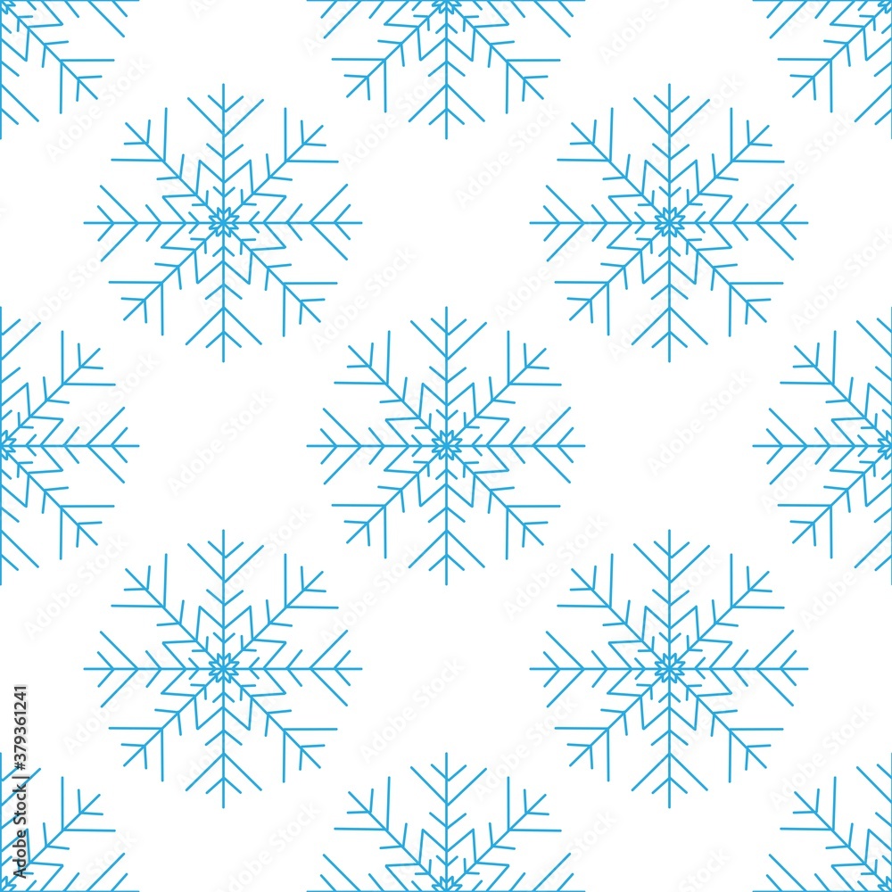 
Delicate seamless pattern of blue snowflakes on a white background. Winter decor elements, design in a flat style for cards, wrapping paper, fabric, wallpaper and more. Stock vector illustration