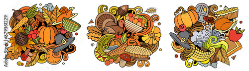 Thanksgiving cartoon vector doodle designs set