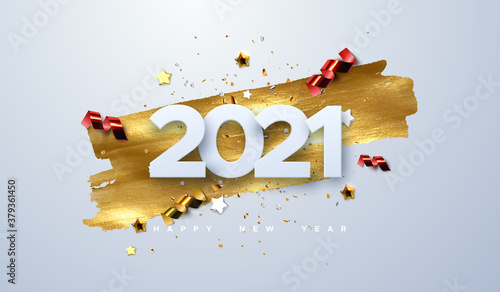 Happy New 2021 Year. Vector holiday illustration of paper cut numbers with sparkling confetti particles, golden stars and streamers. Festive event banner. Decoration element for poster or cover design