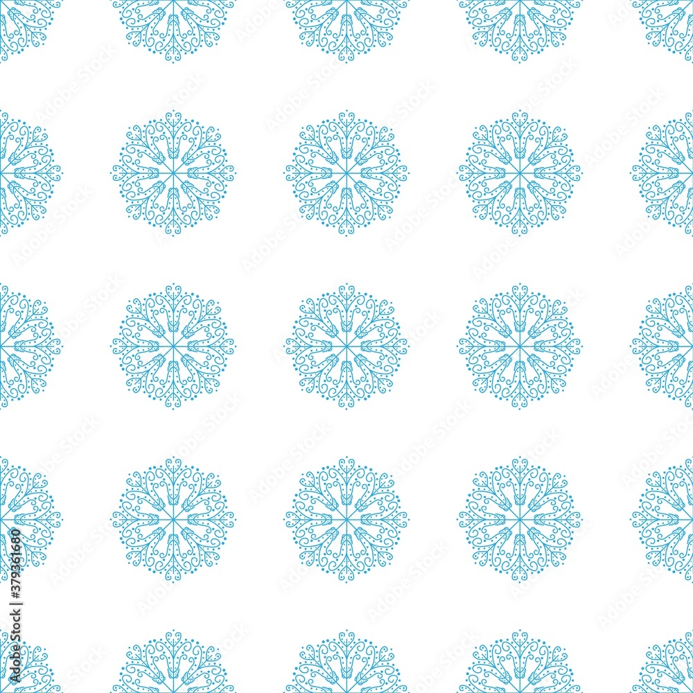 Amazing seamless pattern of blue snowflakes on a white background. Winter decor elements, design in a flat style for cards, wrapping paper, fabric, wallpaper and more. Stock vector illustration Amazing seamless pattern of blue snowflakes on a white background. Winter decor elements, design in a flat style for cards, wrapping paper, fabric, wallpaper and more. Stock vector illustration