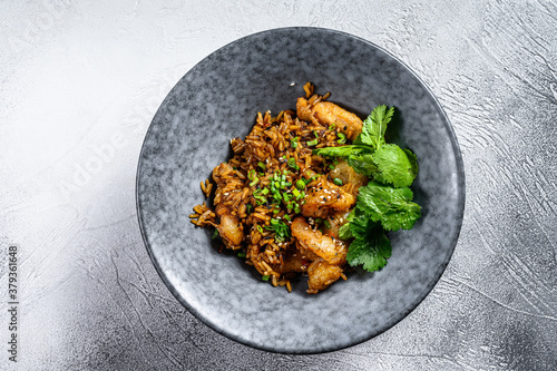 fried rice with spicy sauce and shrimps, prawns. White background. Top view