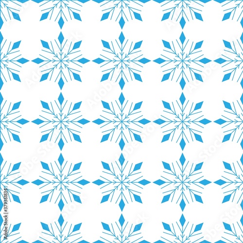  Graceful seamless pattern of blue snowflakes on a white background. Winter decor elements, design in a flat style for cards, wrapping paper, fabric, wallpaper and more. Stock vector illustration