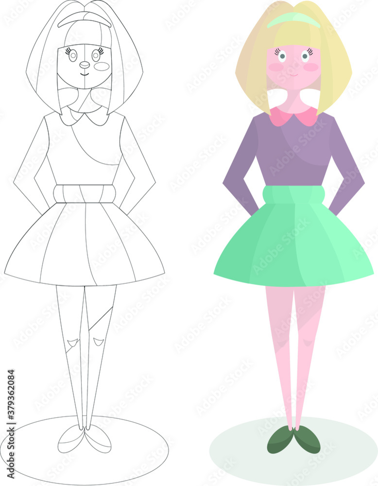 Cartoon blonde girl doll. Light hair young woman flat character template set. Vector illustration in color and black for games, background, pattern, decor. Coloring paper, page, story book Cartoon blonde girl doll. Light hair young woman flat character template set. Vector illustration in color and black for games, background, pattern, decor. Coloring paper, page, story book