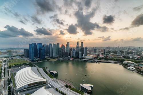 Aerial view of Marina Bay and skyscrapers at sunset  Singapore