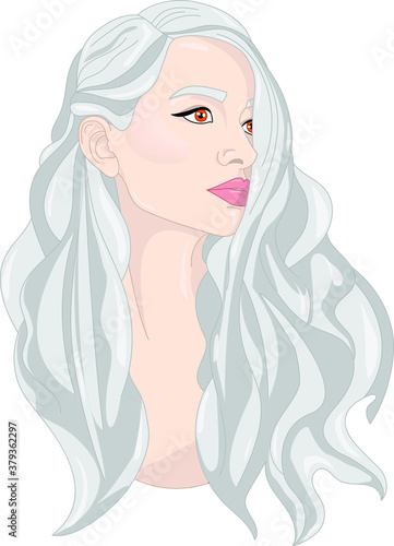 Cartoon girl with long grey silver hair, character close up template. Vector illustration for games, background, pattern, decor.