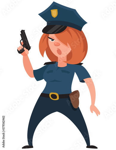 Female police officer holding pistol. Beautiful character in cartoon style.