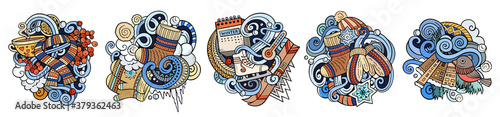 Winter cartoon vector doodle designs set.