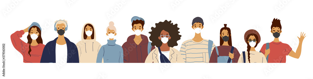 Portraits of men and women of different nationalities wearing medical masks. Virus protection rules. Flat vector illustration. A crowd of masked people Portraits of men and women of different nationalities wearing medical masks. Virus protection rules. Flat vector illustration. A crowd of masked people