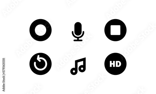 Music icon set in black. Micriphone, record sign. Vector on isolated white background. EPS 10