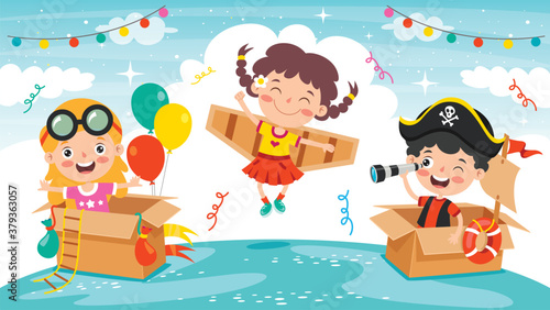 Happy Kids Playing With Cardboard Costumes