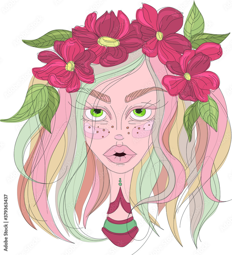 Cartoon girl with colorful hair and flower crown, character in spring and fall colors close up template with outlines. Vector illustration for games, background, pattern, decor.