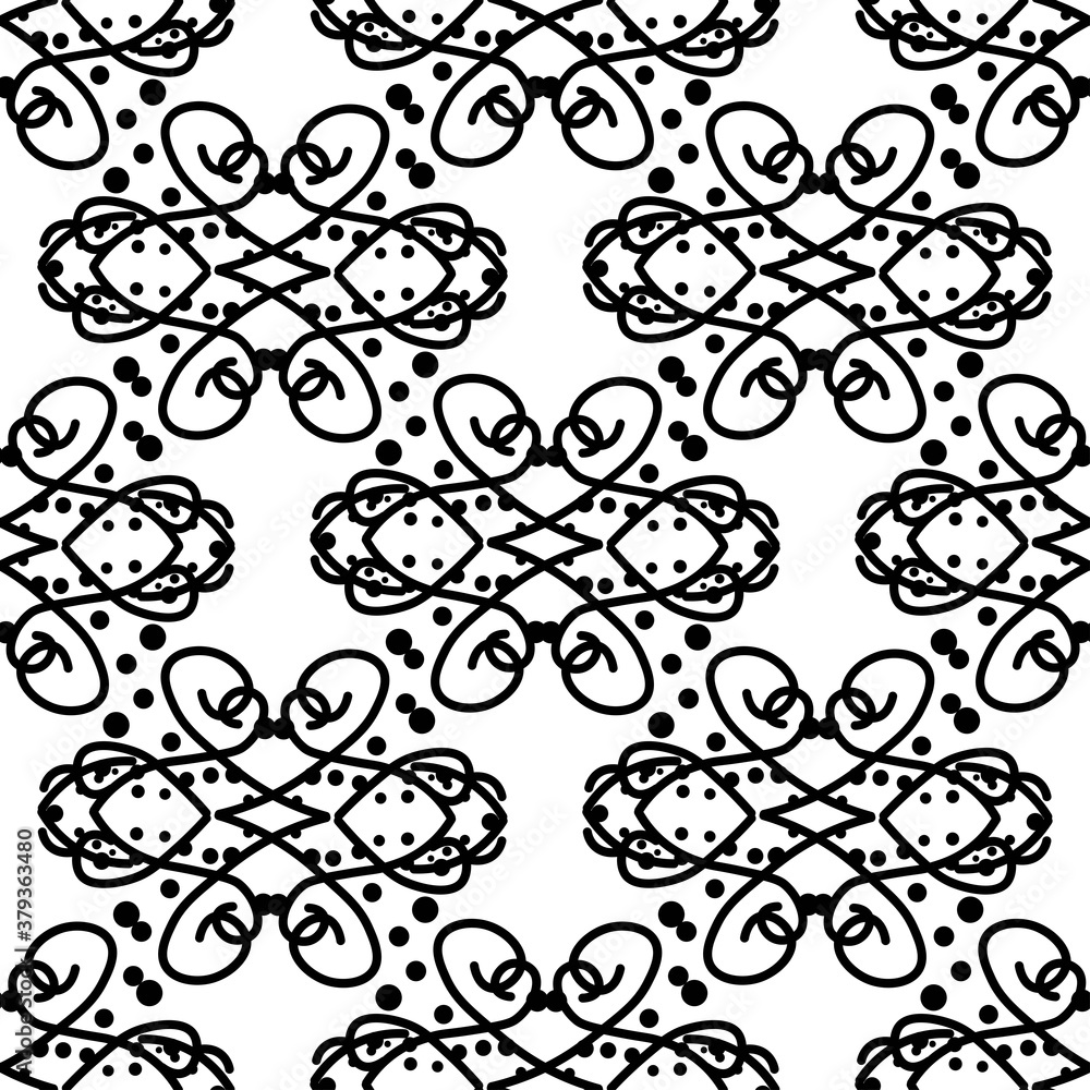 
Refined seamless pattern of abstract black calligraphic curls, ornaments on a white background. Vintage prints in flat style. Stock vector illustration for decoration and design, fabric.