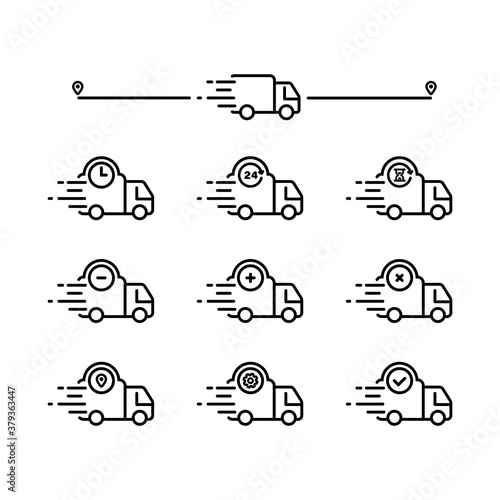 Fast delivery icon in black. Transportation company, distribution service, express relocation. Location signs. Vector on isolated white background. EPS 10