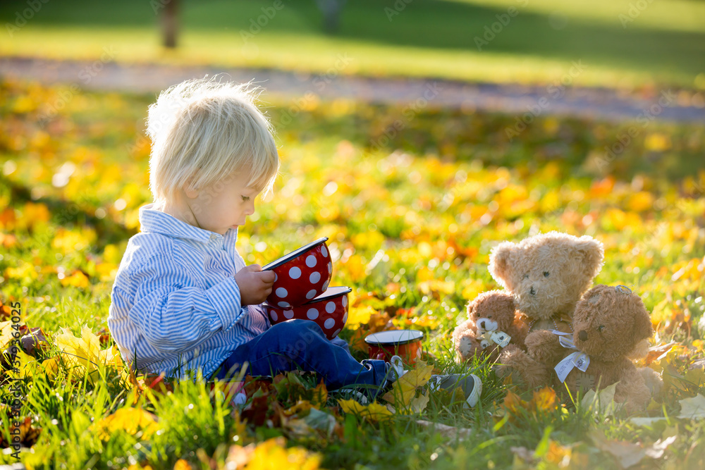 Beautiful toddler child, boy, drinking tea in the park with teddy bear friends Beautiful toddler child, boy, drinking tea in the park with teddy bear friends