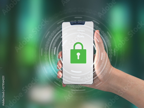 Digital Smartphone mobile security data protection on green background