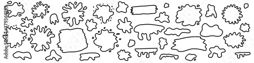 Hand drawn set of paint splatters and blots inked in black. Different shapes isolated on white background. 
