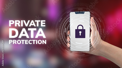 Digital Smartphone mobile security data protection on text purple background