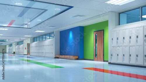 Fotografia, Obraz School corridor with lockers. 3d illustation