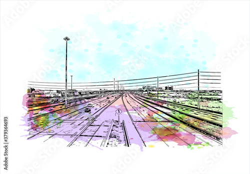 Building view with landmark of Barrie is a city and manifesting regional centre in Canada. Watercolor splash with hand drawn sketch illustration in vector.