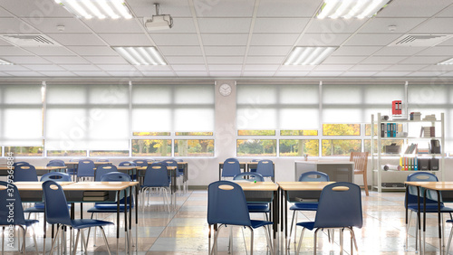 High school classroom interior. 3d illustration