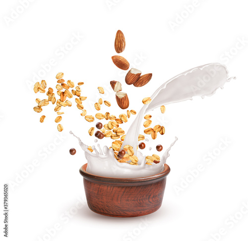 oatmeal with nuts and milk on a white background