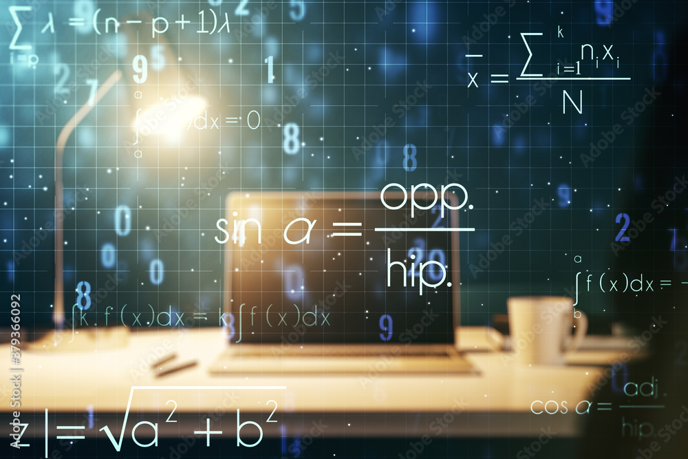 Creative scientific formula illustration on modern computer background, science and research concept. Multiexposure Creative scientific formula illustration on modern computer background, science and research concept. Multiexposure
