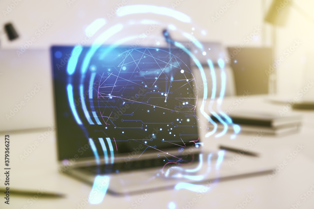 Creative artificial Intelligence concept with human head sketch on modern computer background. Double exposure Creative artificial Intelligence concept with human head sketch on modern computer background. Double exposure