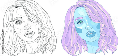 Realistic cartoon girl with pastel pink hair and blue skin character close up template set. Young woman vector illustration in unusual color scheme and black and white for games. Coloring paper  page
