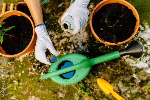 Canvastavla Woman pours liquid mineral fertilizer, in watering can with water