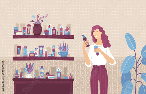 Young woman choosing between skincare cosmetic products cartoon illustration. Thoughtful girl flat vector character. Girl comparing lotions for skin or shampoos for hair. Lady in store making decision