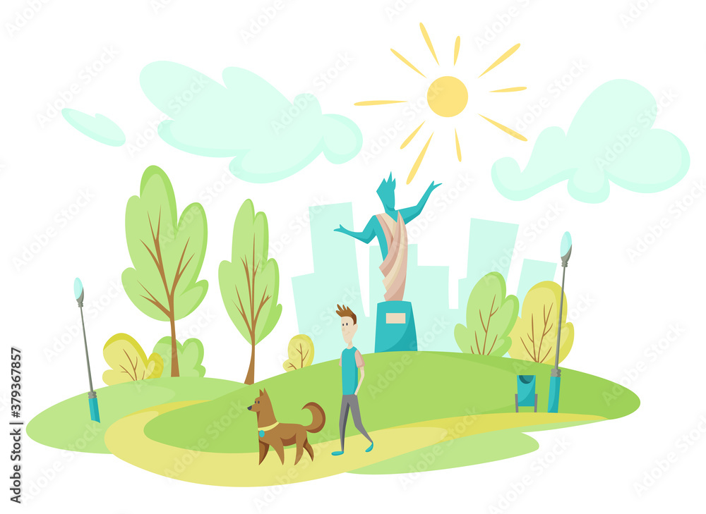 Young man walking with his dog in city park. Landscape on the background of tall houses. Monument in the middle of the park. Lawn and trees in flat style. Green park vegetation in center of big town