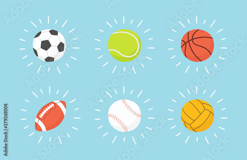 Shining football, basketball, baseball, tennis, volleyball, water polo ball. Hand drawn vector illustration in cartoon and flat style on blue background