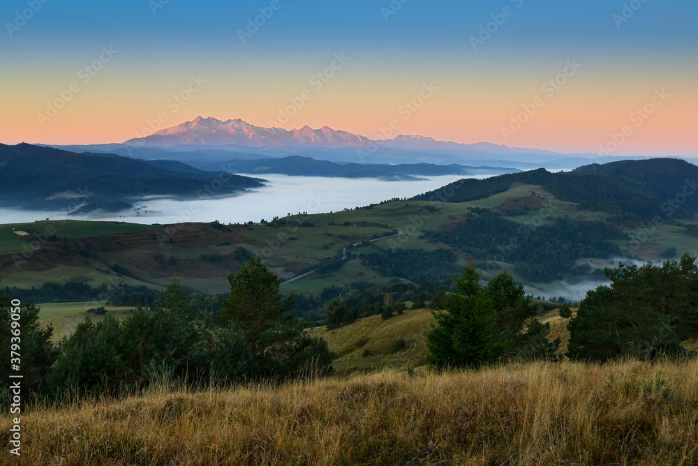 beautiful landscape with valleys, lakes and rivers in night fog beautiful landscape with valleys, lakes and rivers in night fog