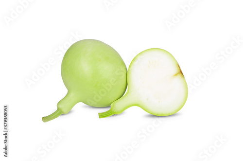 whole and half cut fresh green calabash on white background