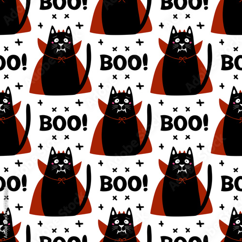 Cute cartoon cat wear vampire costume with fangs, horns and red cloak. Doodle cross elements and boo word. Halloween seamless pattern. Isolated on a white background. Vector stock illustration.