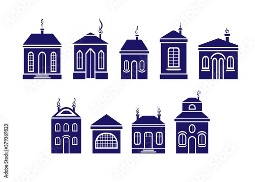 Collection of houses in dark blue on a white background.