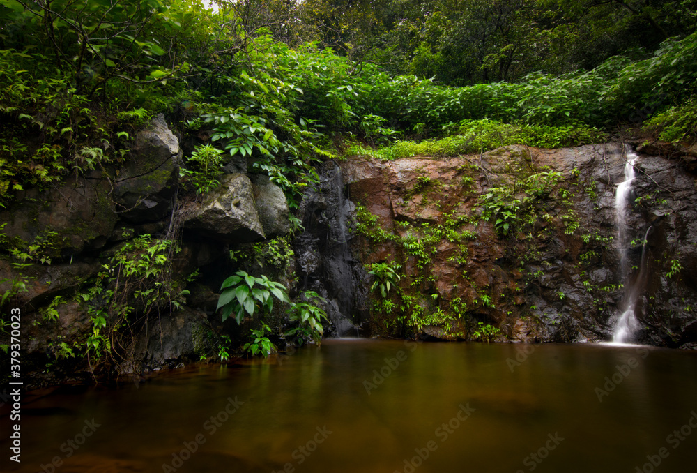 Gentle stream down the slopes into a pond